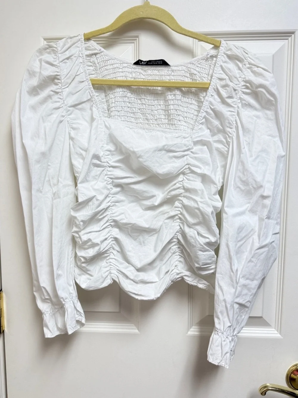 Zara White Ruched Square-Neck Puff-Sleeve Blouse